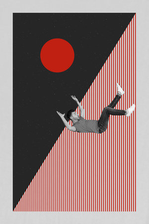 3d sketch image vertical collage of astonished businessman fall sphere geometric ball regress...