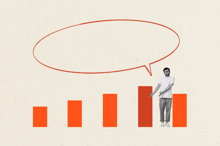 Art collage of person demonstrate hands with graphs share comment speak on pastel red color...