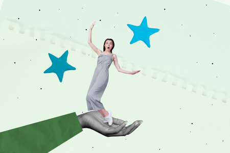 Creative 3d trendy photo collage of happy businessman businesswoman stand hand hold development star review best mark achievementの写真素材