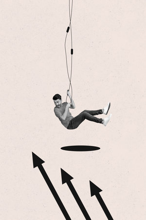 Sketch composite 3D photo collage trend artwork of escape trouble challenge obstacle achieving young man hand hold rope hang arrow show upの写真素材