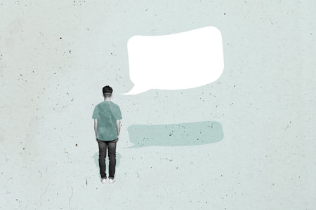 Contemporary artwork collage of anonym man stand back communication icon speech correspondence...