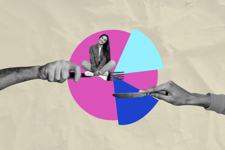 Trendy art creative full pop photo collage of happy businesswoman businessman sit diagram graph development chance careerの写真素材