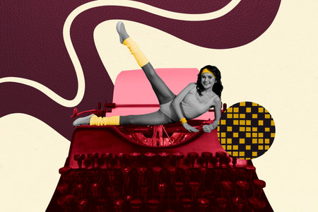 Poster sketch image artwork 3D photo collage of vintage typewriter machine story letter young woman trainer show execrise sportswearの写真素材