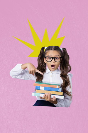 Exclusive artwork banner creative collage of shocked geek schoolgirl hold book stack library...