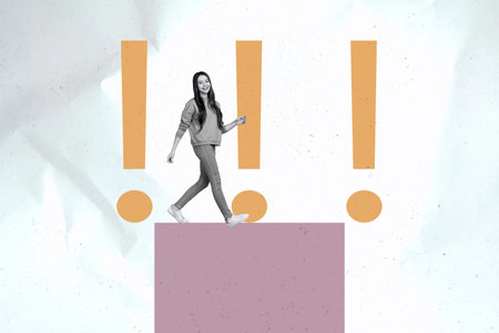 Collage surreal poster of person walk cube with exclamation marks over white background