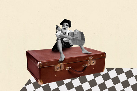 Template sketch image composite collage of halloween medieval bandit pirate corsair captain tricorn aged man sit baggage hold suitcaseの写真素材