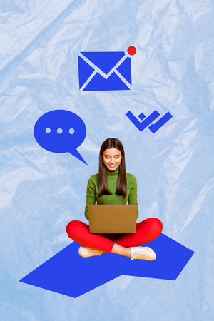 Composite image montage trend artwork 3D collage of young lady sit down type message laptop comment dialogue bubble comic tag speech cloudの写真素材