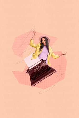 Creative abstract collage of person moving near type writer on pastel backgroundの写真素材