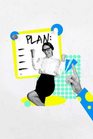Pop trend collage of young person worker to do list paper achieve on white backgroundの写真素材