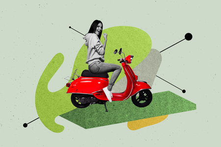 Exclusive artwork banner creative collage of happy girl guy ride retro vespa moped summer travel adventure trip driver tourismの写真素材