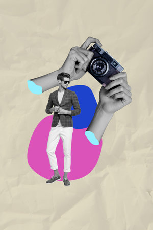 Exclusive magazine picture sketch collage image of happy girl guy pose retro camera hand cadre shooting paparazzi photo-zoneの写真素材