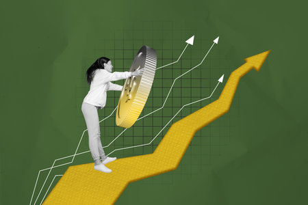 Sketch image trend artwork montage photo collage o arrow growth young lady fly successs hold coin budget bank investment dollars currencyの写真素材