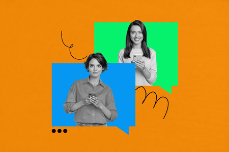 Art image full 3d photo collage of two happy girls hold smartphone device bubble communication...