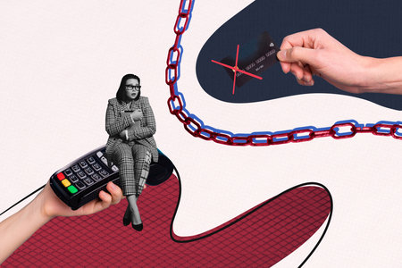 Collage design trend 3D sketch of confused young woman sit terminal pos cross stop transaction hand hold credit bank card market sanctionsの写真素材