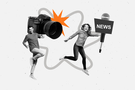 Creative artwork template sketch 3D collage of young lady man team reporter hold camera mic fake news propaganda narrative disinformationの写真素材