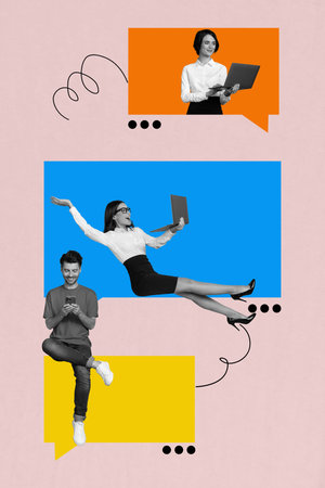 Image banner vertical photo collage of happy girls guy hold phone laptop device bubble communication speech icon dialogueの写真素材
