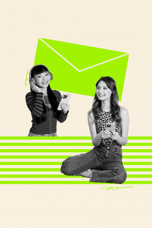 Creative sketch design artwork collage of connection internet app message comment tag chat two women friends smile hand hold smartphoneの写真素材