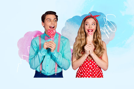 Trendy art full zine photo collage of two happy girl guy couple hold lollipop lick candy affection dating relationships pin-upの写真素材