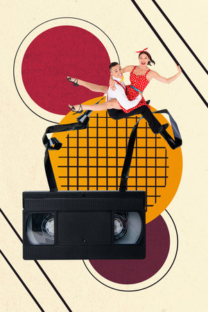 Trend artwork template 3D collage sketch of pinup style young man lady dance together event...