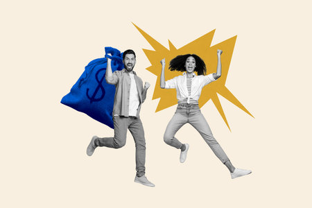 3d sketch poster trend collage of two happy girl guy business partners receive dollar bag income success earnings capitalの写真素材