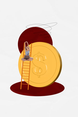 Sketch pop vertical image photo collage of happy businessman businesswoman receive dollar cash capital profit money incomeの写真素材