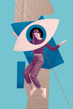 Sketch template design 3D photo collage composite of vision third eye optical see huge illustration eyeball young lady stand smile danceの写真素材