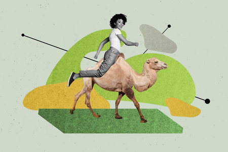 Creative 3d trendy photo collage of happy girl guy ride camel animal sahara travel summer dessert adventure mammal pet zooの写真素材