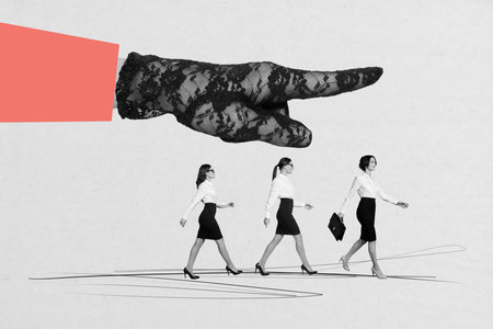 Composite zine pop trend collage of happy businesswoman walk hand boss point direction achievement goal challenge purposeの写真素材