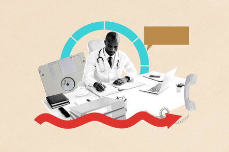 Banner 3d artwork collage of serious american man sit workplace write documentation notepad insurance laptop reception clinicの写真素材