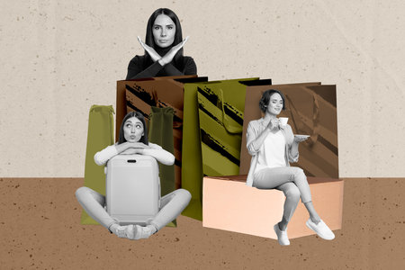 Abstract creative collage of people with shopping bags use gadgets on pastel brown backgroundの写真素材