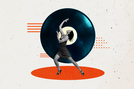 Template collage design trend artwork 3D sketch of vinyl record young lady passion dance weekend occasion rest nightclub entertainmentの写真素材