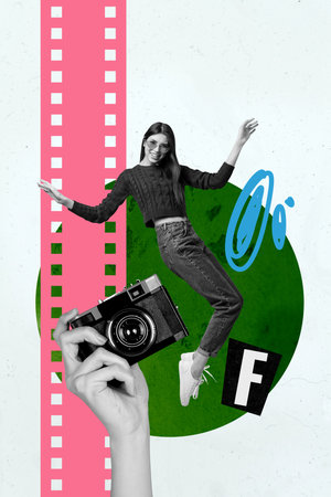 Vertical art 3d creative image collage of happy girl old man stand paparazzi cadre hands hold retro camera shooting contentの写真素材