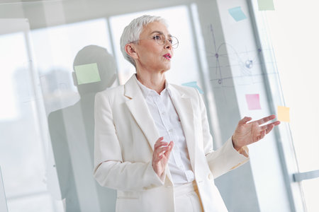 Confident senior businesswoman presenting ideas in a professional office setting, wearing elegant formalwear, fostering teamworkの写真素材