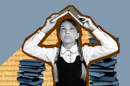 Full zine trendy photo collage of minded schoolgirl hold book stack pressure literature subject workload education homeworkの写真素材