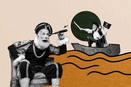 Trend artwork creative sketch 3D collage of fashion historical medieval aged man sit armchair look lens pirate seaman sit boat buccaneerの写真素材