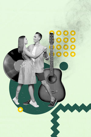 Pinup template collage of person dance vinyl record guitar on green background with circle shapes