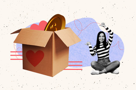Trendy poster art photo collage of happy girl point carton box dollar coin charity donation heart...