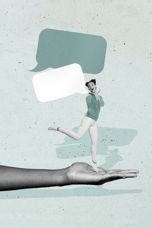Art image vertical trendy photo collage of happy girl stand human hand palm say phrase monologue communication icon speechの写真素材