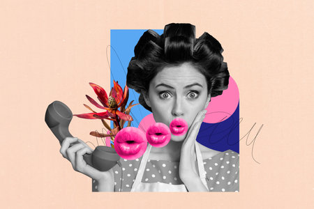 Trend composite sketch template 3D photo collage of housewife young lady talk landline phone shocked news paint imagination concept posterの写真素材