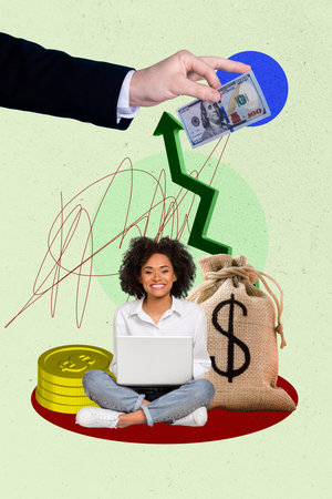 Trend composite sketch 3D photo collage of hand hold banknote motivation young lady sit down smile money bag salary trade dollars currencyの写真素材