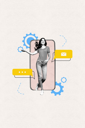 Vertical sketch 3d collage poster of happy girl stand phone screen newsletter notification speech bubble communication chat gearsの写真素材