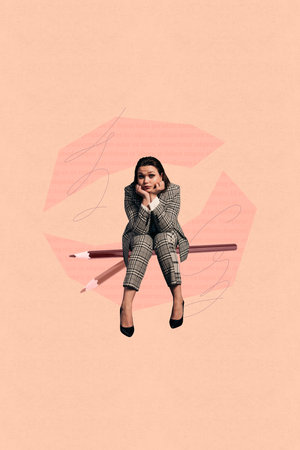 Banner image collage of worker person having painting sit pencils with lines on pastel backgroundの写真素材