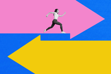 Banner creative pop art collage of happy businesswoman run arrow development progress up statistics aim achievement chanceの写真素材