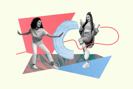 Full art sketch 3d collage image poster of two happy girls dance together weekend occasion...