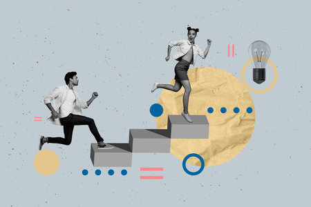 Poster creative collage of people on steps thinking light bulb on grey backgroundの写真素材