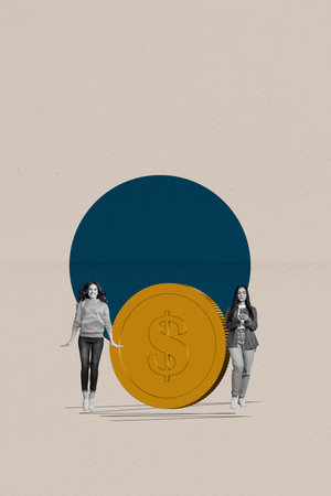 Sketch pop vertical image photo collage of happy businessman businesswoman receive dollar cash capital profit money incomeの写真素材