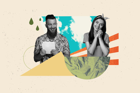 Poster template collage of people use gadget on pastel background with rain drops sky elements