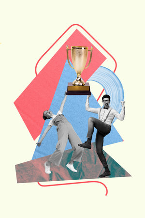 Image zine trend photo collage of two happy business partners girl guy receive golden goblet first place teamwork developmentの写真素材