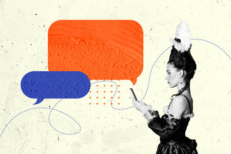 Sketch template design photo collage of corset fashion elegance historical vintage young lady hold smartphone chatting modern vs retroの写真素材