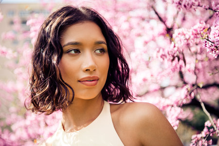 Lovely beautiful woman outdoors by blooming pink blossoms on a sunny day, radiating elegance and...